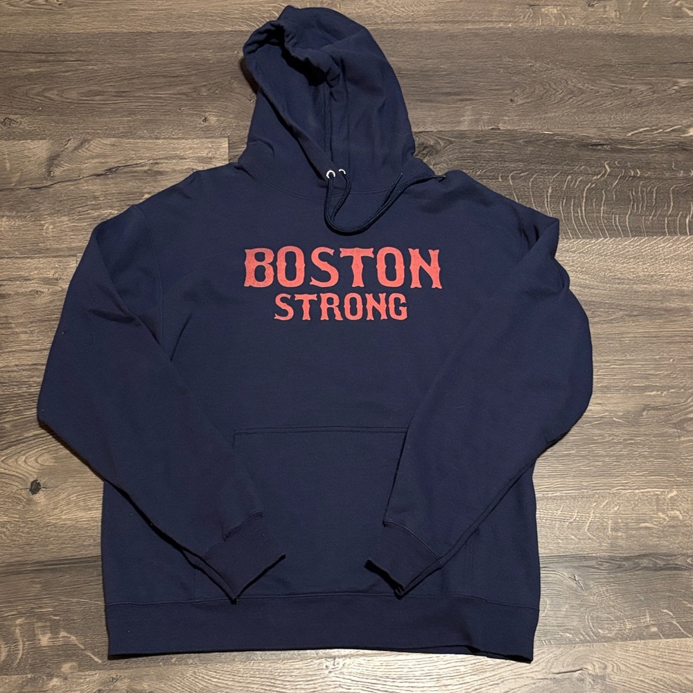 Port and Company Navy Hoodie with Red Boston Strong Print